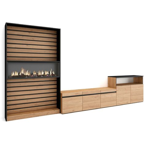 Skraut Home – Ensemble meuble TV moderne avec cheminée électrique – Dimensions 360x186x35cm – Pour TV jusqu'à 65 pouces – Chêne et noir (1/5)