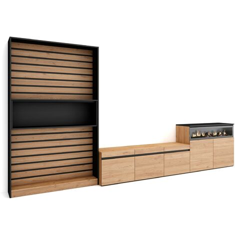 Skraut Home – Ensemble meuble TV moderne avec cheminée électrique – Dimensions 360x186x35cm – Pour TV jusqu'à 65' – Chêne et noir (1/5)