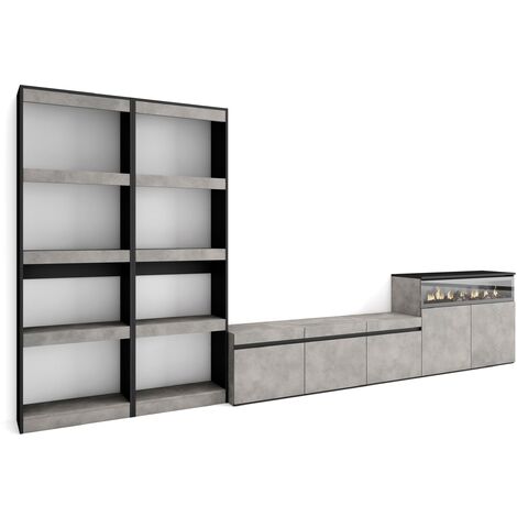 Skraut Home - Ensemble Meuble TV, Meuble Salon Complet, 370x186x35cm, Pour les TV jusqu'à 65", Cheminée électrique, Style moderne, Gris Ciment