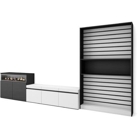 Skraut Home - Ensemble Meuble TV, Meuble Salon Complet, 360x186x35cm, Pour les TV jusqu'à 65", Cheminée électrique, Style moderne, Blanc et noir (1/5)
