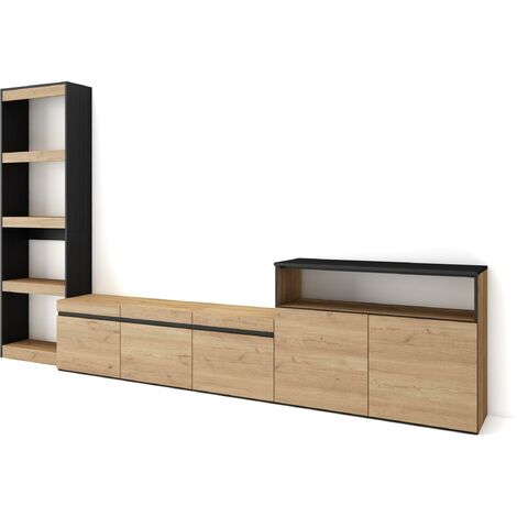 Skraut Home – Ensemble meuble TV moderne en chêne et noir – Dimensions 310x186x35cm – Pour TV jusqu'à 65' – Rangement optimisé