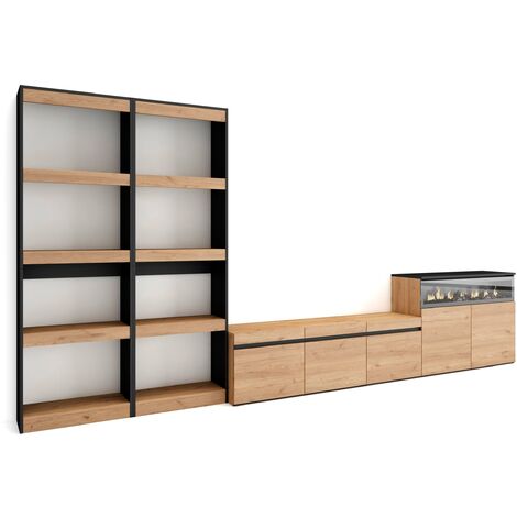Skraut Home – Ensemble meuble TV moderne avec cheminée électrique – Dimensions 370x35x186cm – Pour TV jusqu'à 65" – Chêne et noir (1/5)
