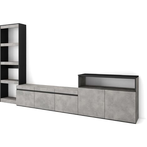Skraut Home – Ensemble meuble TV moderne 310x35x186cm – Pour TV jusqu'à 65" – Couleur ciment et noir – Rangement optimisé avec 2 portes et étagère