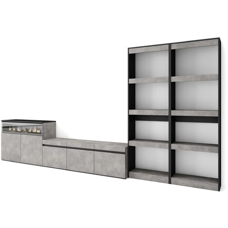 Skraut Home – Ensemble meuble TV moderne avec cheminée électrique – Dimensions 370x35x186cm – Pour TV jusqu'à 65" – Couleur gris ciment (1/5)