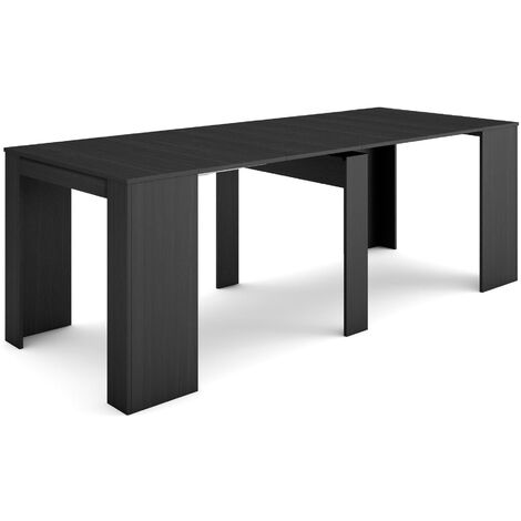 Skraut Home – Table console extensible 90x58cm – Longueur 222cm pour 10 personnes – Finition noir veinage bois – Mécanisme télescopique aluminium (1/5)