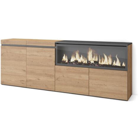 Skraut Home – Buffet moderne chêne 208x75x35cm – 4 portes – Cheminée électrique XXL – Meuble de rangement pour salon et cuisine (1/5)