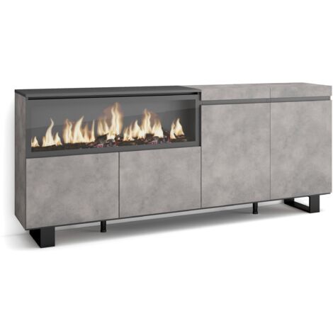 Skraut Home – Buffet de rangement 107x75x35cm – 4 portes – Cheminée électrique à LED – Design industriel gris ciment – Module avec étagère intérieure (1/5)