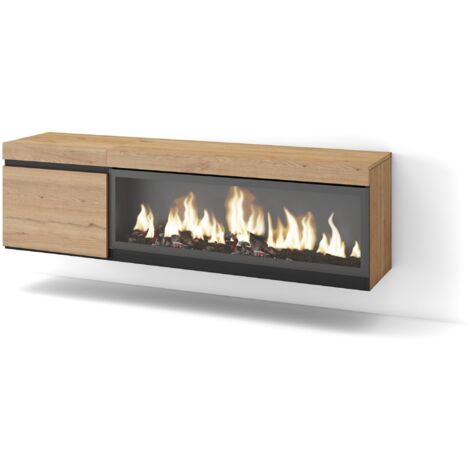 Skraut Home – Meuble TV suspendu mural avec cheminée électrique LED – Grand rangement chêne noir – Dimensions 158x35x45cm – Pour TV jusqu'à 65" (1/5)