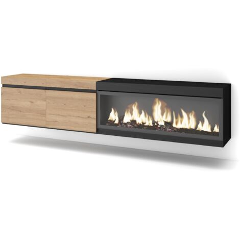 Skraut Home – Meuble TV suspendu mural avec cheminée électrique XXL – Chêne et noir – Grand rangement 210cm – Pour TV jusqu'à 80 pouces (1/5)