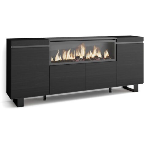 Skraut Home – Buffet salon et cuisine 210 cm – 4 portes – Cheminée électrique XXL à effet 3D – Design industriel noir avec pieds métalliques (1/5)