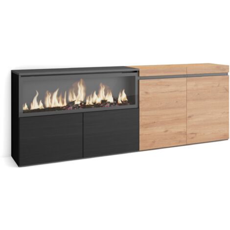 Skraut Home - Buffet salon et cuisine, Meuble de Rangement, Commode, 210, 4 Portes, Cheminée électrique XXL, Style moderne, Chêne et noir (1/5)