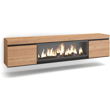Skraut Home – Meuble TV suspendu mural en chêne – Cheminée électrique XXL avec effet 3D – Dimensions 210 cm pour TV jusqu'à 80 pouces – Style moderne
