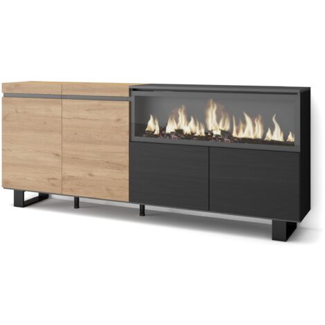 Skraut Home – Buffet salon et cuisine 107x75x35 cm – 4 portes – Cheminée électrique XXL – Chêne et noir – Design industriel moderne (1/5)