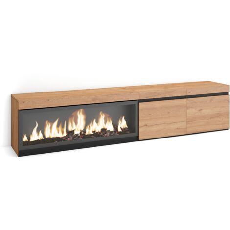 Skraut Home – Meuble TV avec cheminée électrique LED – Grand rangement 208x35x45cm – Pour TV jusqu'à 80" – Style moderne chêne noir (1/5)