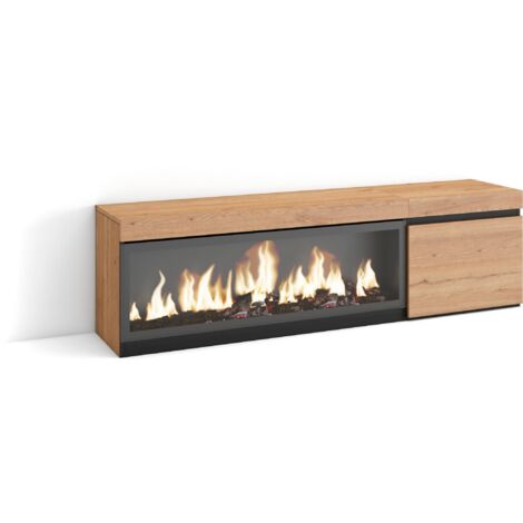 Skraut Home – Meuble TV avec cheminée électrique XXL – Dimensions 160x45x35cm – Pour TV jusqu'à 65' – Chêne et noir – Télécommande incluse
