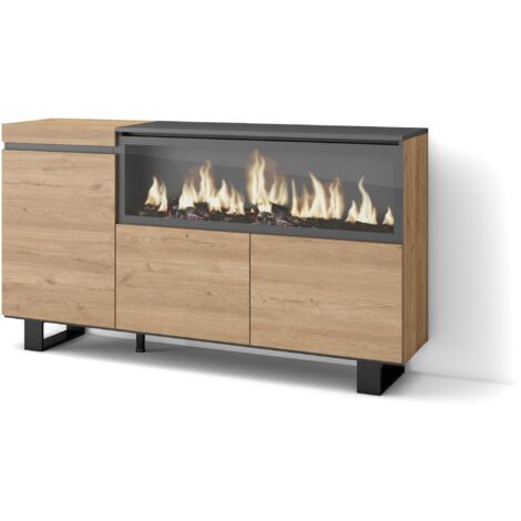 Skraut Home – Buffet salon et cuisine 158x35x87cm – 3 portes – Cheminée électrique XXL – Style industriel – Chêne et noir – Meuble de rangement (1/5)