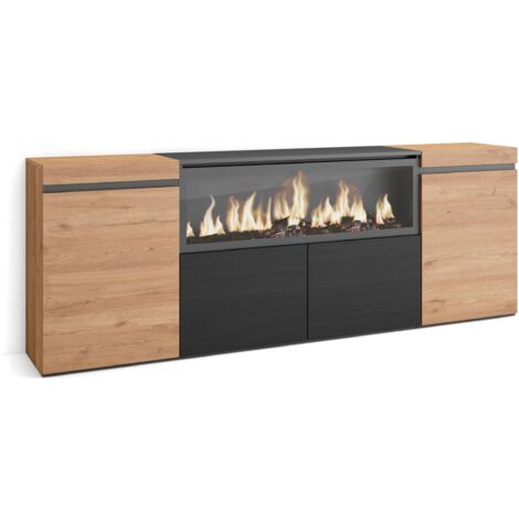 Skraut Home – Buffet moderne 210 cm – Meuble de rangement avec cheminée électrique LED 34W – Finition chêne et noir – 4 portes, 3 niveaux d'intensité (1/5)