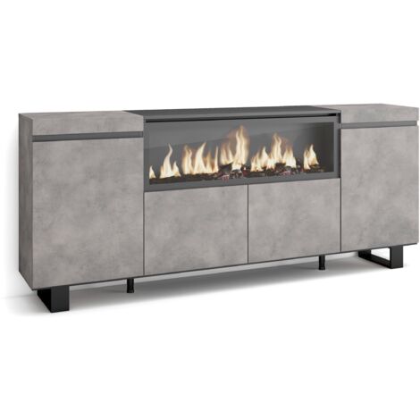 Skraut Home – Buffet salon et cuisine 210 cm – 4 portes – Cheminée électrique LED 3D – Design industriel moderne – Gris ciment (1/5)