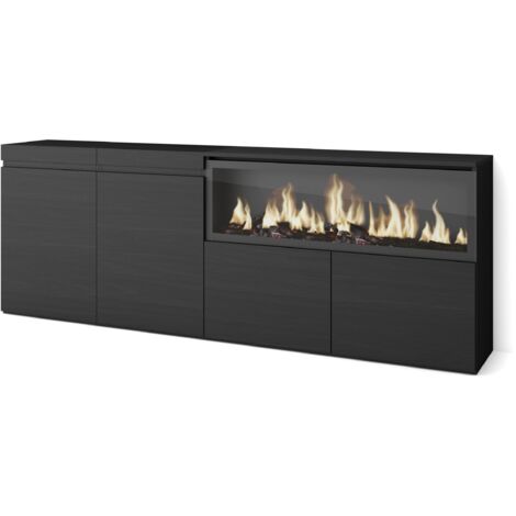 Skraut Home - Buffet salon et cuisine, Meuble de Rangement, Commode, 210, 4 Portes, Cheminée électrique XXL, Style moderne, Noir (1/5)
