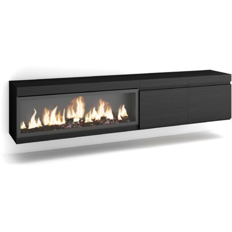 Skraut Home - Meuble TV, Banc Télé, Grand espace de Rangement, 210, Pour les TV jusqu'à 80", Cheminée électrique XXL, Suspendu, Mural, Style moderne, Noir (1/5)