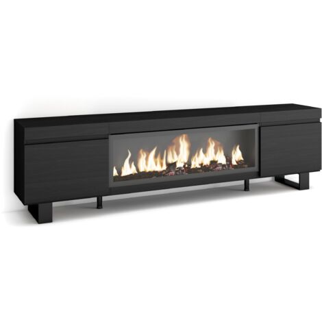 Mobile TV Skraut Home Con Camino Elettrico LED, 3 Moduli, Finitura Effetto Cemento, 368x45x35 Cm, Stile Moderno
