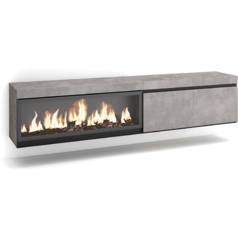 Skraut Home - Meuble TV, Banc Télé, Grand espace de Rangement, 210, Pour les TV jusqu'à 80", Cheminée électrique XXL, Suspendu, Mural, Style moderne, Gris Ciment (1/5)