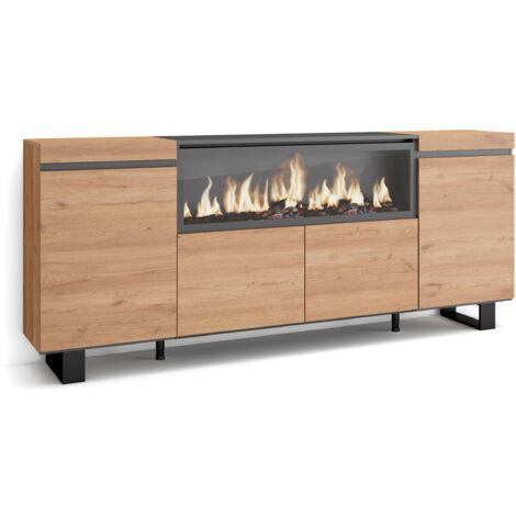 Skraut Home - Buffet salon et cuisine, Meuble de Rangement, Commode, 210, 4 Portes, Cheminée électrique XXL, Design industriel, Style moderne, Chêne