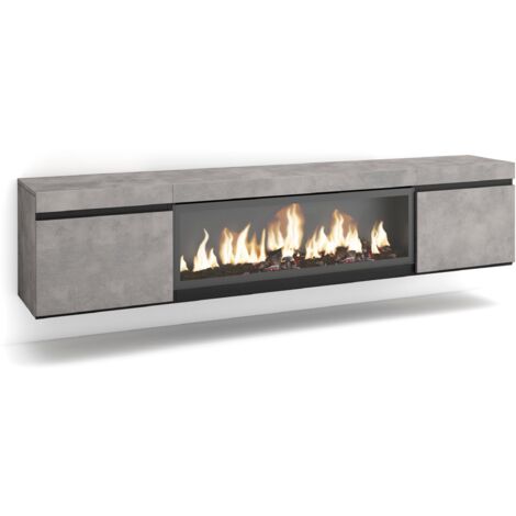 Skraut Home – Meuble TV suspendu avec cheminée électrique XXL – Grand espace de rangement – Dimensions 210cm – Style moderne gris ciment (1/5)