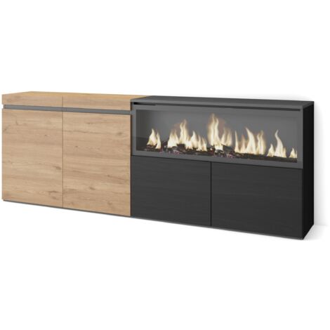 Skraut Home - Buffet salon et cuisine, Meuble de Rangement, Commode, 210, 4 Portes, Cheminée électrique XXL, Style moderne, Chêne et noir (1/5)