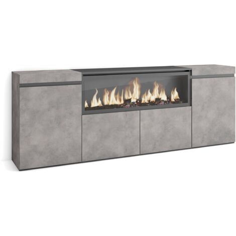 Skraut Home – Buffet moderne 210 cm – 4 portes – Cheminée électrique LED 34W – Effet de feu 3D – Design gris ciment pour salon et cuisine (1/5)