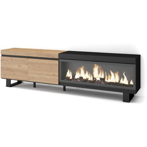 Skraut Home - Meuble TV, Banc Télé, Grand espace de Rangement, 210, Pour les TV jusqu'à 80", Cheminée électrique XXL, Design industriel, Style moderne, Chêne et noir (1/5)