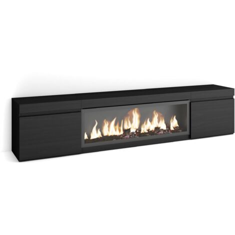 Skraut Home – Meuble TV noir avec cheminée électrique XXL – Dimensions 210x45x35cm – Pour TV jusqu'à 80' – Style moderne avec rangement spacieux