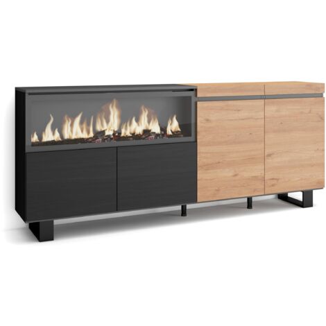 Skraut Home – Buffet salon et cuisine 210 cm – 4 portes – Cheminée électrique LED – Design industriel chêne et noir – Meuble de rangement moderne (1/5)