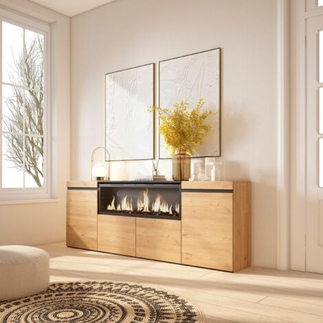 Skraut Home - Buffet salon et cuisine, Meuble de Rangement, Commode, 210, 4 Portes, Cheminée électrique XXL, Style moderne, Chêne