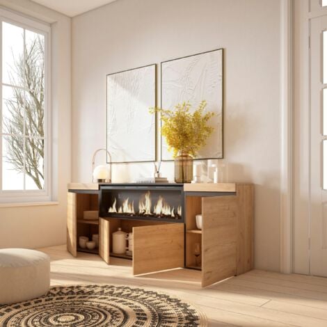 Skraut Home - Buffet salon et cuisine, Meuble de Rangement, Commode, 210, 4 Portes, Cheminée électrique XXL, Style moderne, Chêne