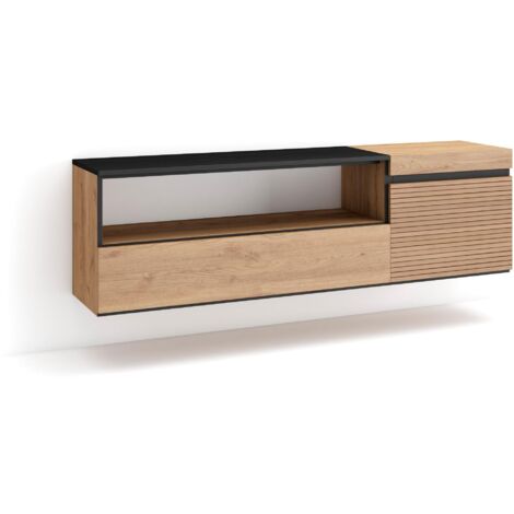 Skraut Home - Meuble TV, Banc Télé, Grand espace de Rangement, 150x45x35cm, Pour les TV jusqu'à 65", Suspendu, Mural, Style moderne, Chêne (1/5)