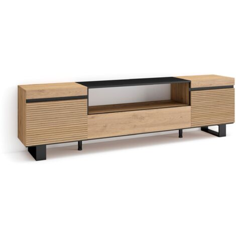 Skraut Home – Meuble TV chêne et métal – Grand espace de rangement 200x35x57cm – Pour TV jusqu'à 80" – Design industriel moderne (1/5)