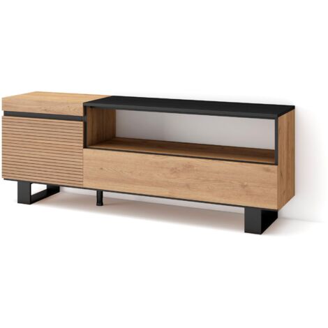 Skraut Home - Meuble TV, Banc Télé, Grand espace de Rangement, 150x57x35cm, Pour les TV jusqu'à 65", Design industriel, Style moderne, Chêne (1/5)