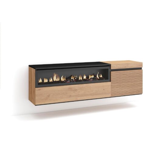 Skraut Home – Meuble TV suspendu mural chêne – Grand espace de rangement 150x35x45cm – Pour TV jusqu'à 65" – Cheminée électrique intégrée (1/5)