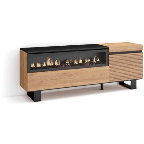 Skraut Home – Meuble TV avec rangement 150x35x57cm – Pour TV jusqu'à 65" – Cheminée électrique – Design industriel chêne et noir (1/5)