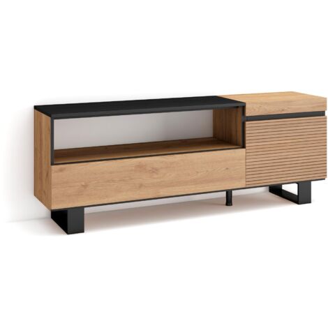 Skraut Home - Meuble TV, Banc Télé, Grand espace de Rangement, 150x57x35cm, Pour les TV jusqu'à 65", Design industriel, Style moderne, Chêne (1/5)