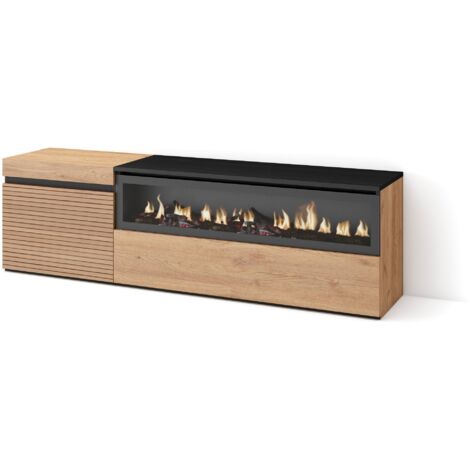 Skraut Home – Meuble TV avec cheminée électrique – Dimensions 150x35x45cm – Pour TV jusqu'à 65" – Style moderne chêne noir – Grand espace de rangement (1/5)
