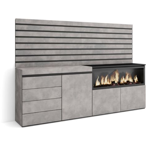 Skraut Home – Buffet moderne en ciment et noir – Dimensions 214x35x145cm – Grand rangement avec 2 portes – Style contemporain pour chambre à coucher (1/5)