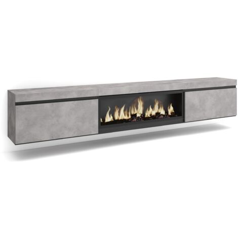 Skraut Home – Meuble TV suspendu mural gris ciment – Grand espace de rangement 267x45x35 cm – Cheminée électrique LED XXL – Style moderne (1/5)