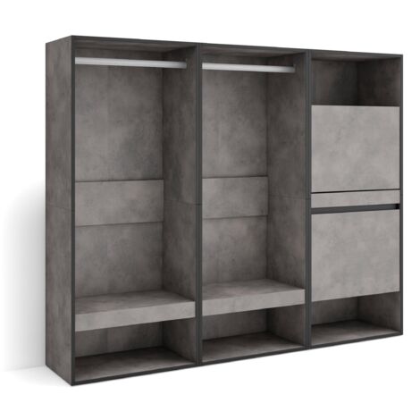 Skraut Home – Armoire à chaussures ouverte 180x35x145cm – 2 compartiments avec étagères – Mélamine haute qualité – Couleur ciment et noir (1/5)