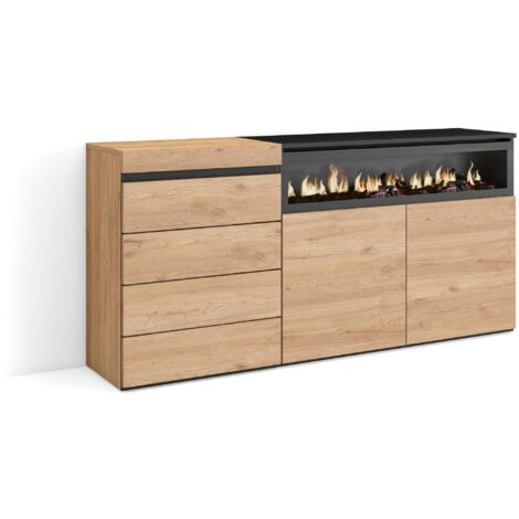 Skraut Home – Chiffonnier moderne chêne noir 157x35x75cm – 4 tiroirs avec ouverture à pression – Grand espace de rangement – Pour chambre à coucher