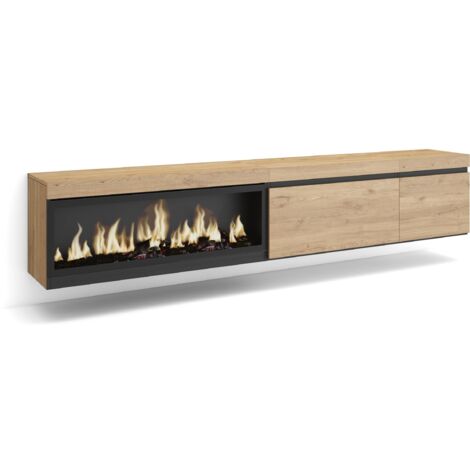 Skraut Home - Meuble TV, Banc Télé, Grand espace de Rangement, 237x45x35 cm, TV grand format, Cheminée électrique XXL, Suspendu, Mural, Style moderne, Chêne (1/5)