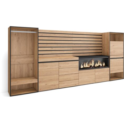 Skraut Home - Buffet, Bahut, Meuble de Rangement, 334x145x35 cm, Chambre à coucher, pièce, Cheminée électrique XXL, Commode, Buffet, Meuble à Chaussures, Vestiaire ouvert, Style moderne, Chêne