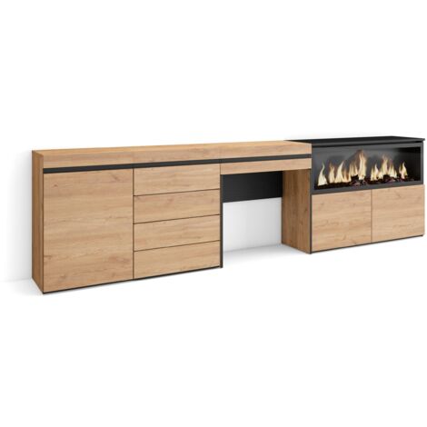 Skraut Home - Coiffeuse, Table maquillage, rangement, 284x75x35 cm, Avec tiroir, Cheminée électrique XXL, Commode, Buffet, Style moderne, Chêne