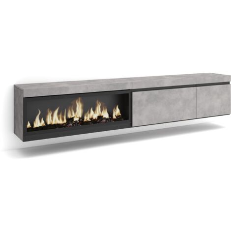 Skraut Home - Meuble TV, Banc Télé, Grand espace de Rangement, 237x45x35 cm, TV grand format, Cheminée électrique XXL, Suspendu, Mural, Style moderne, Gris Ciment (1/5)